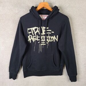 True Religion Hoodie Mens Small Black‎ Gold Pullover Spell Out Hooded Sweatshirt